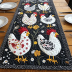 Chickens with Daisies on Black Table Runner
