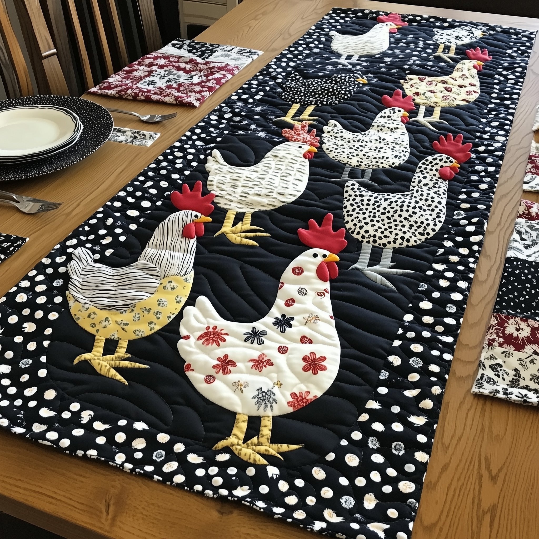 Yellow and White Hens on Black Table Runner