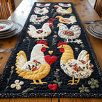 Chickens with Red Hearts on Black Table Runner