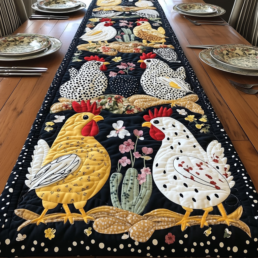 Golden Rooster with Pink Flowers Table Runner