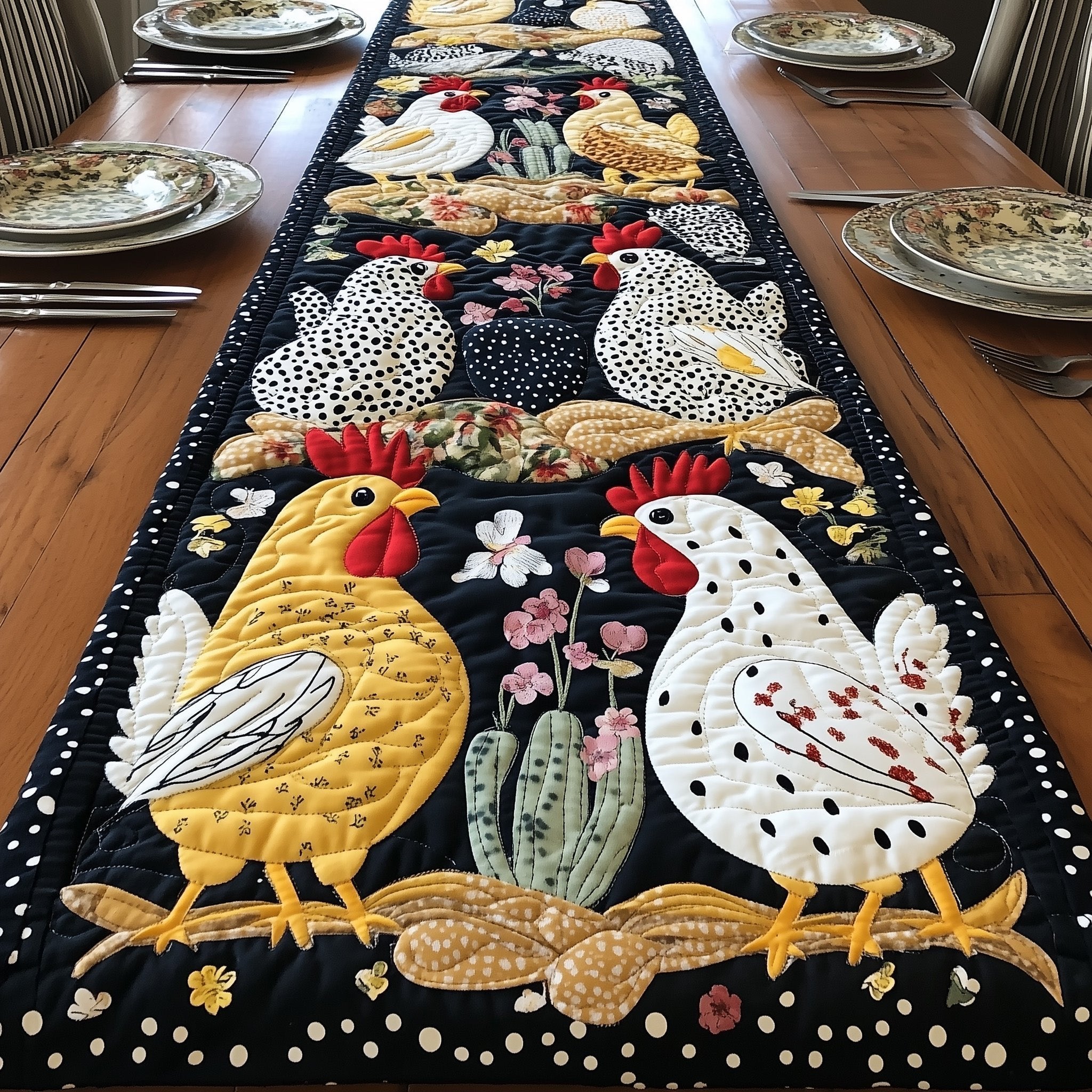 Golden Rooster with Pink Flowers Table Runner