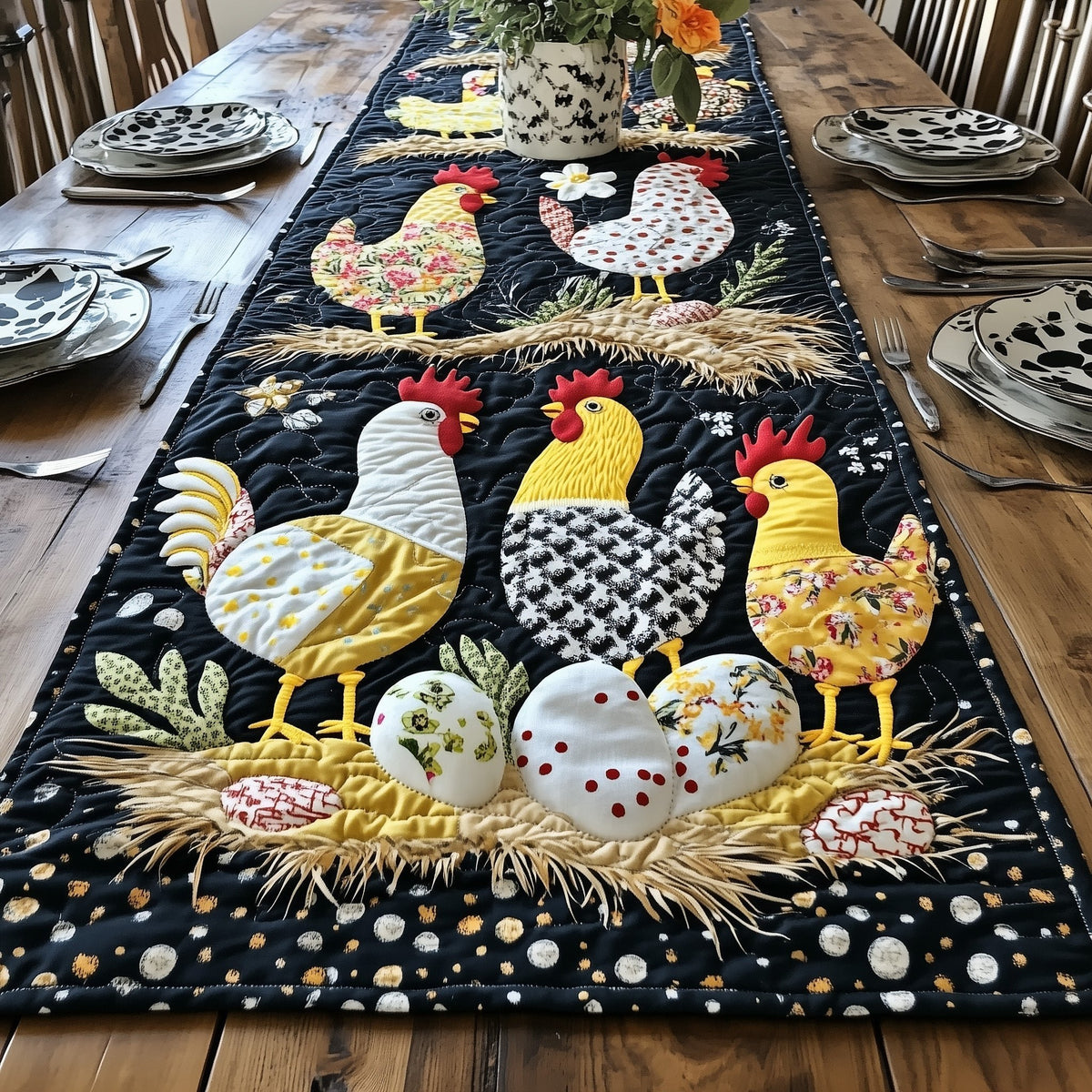 Chickens with Speckled Eggs in Straw Table Runner