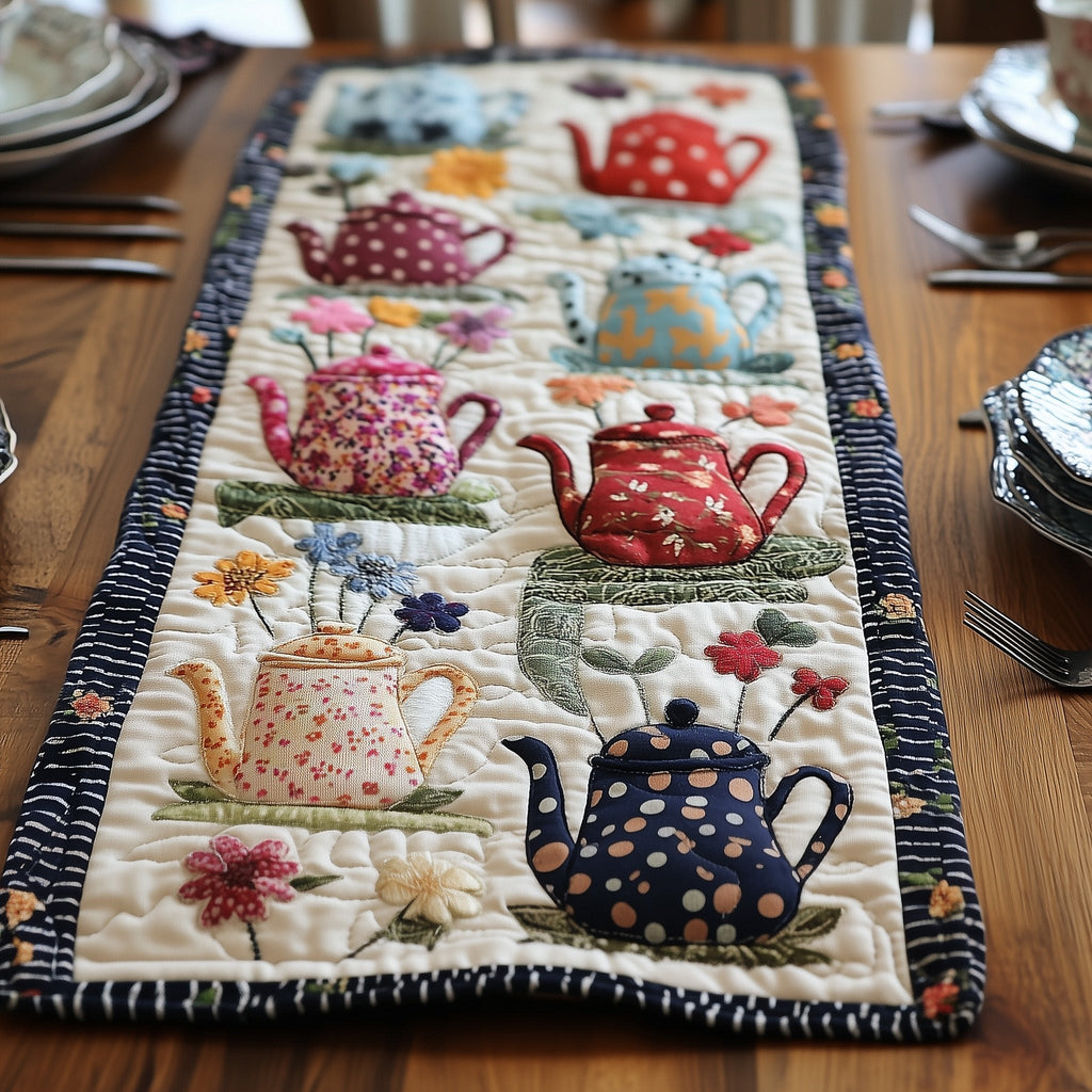 Teapots and Wildflowers on Navy Border Table Runner
