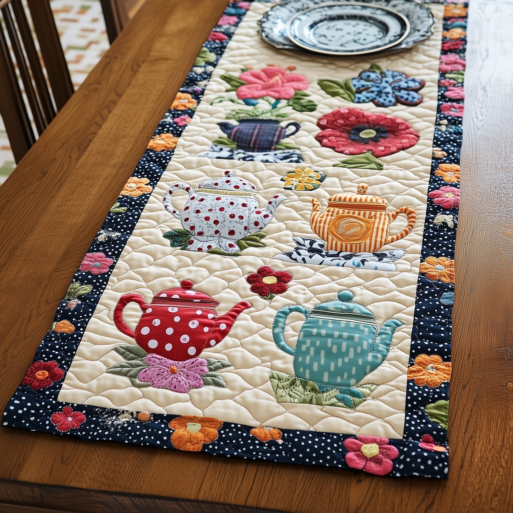Colorful Teapots with Flower Border Table Runner