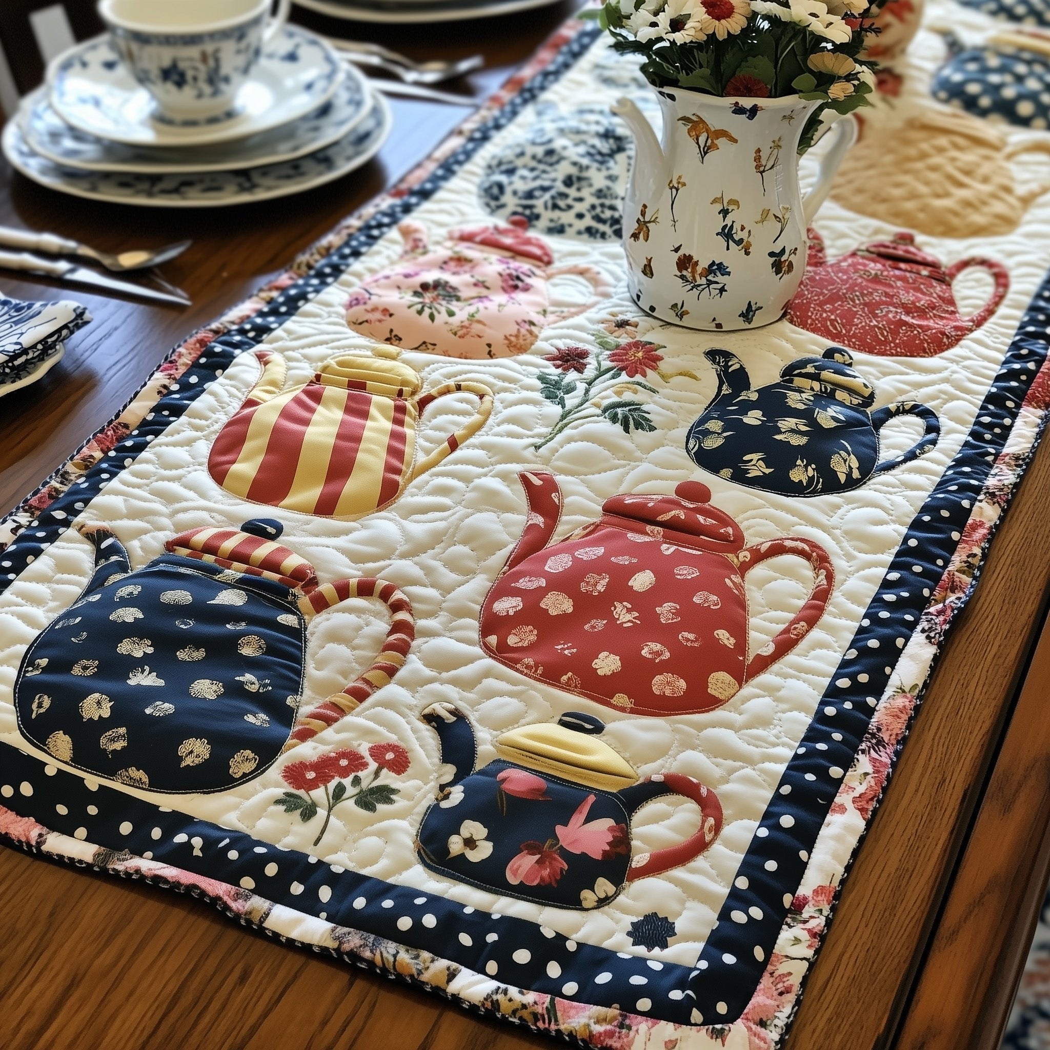 Striped and Dotted Teapots on Cream Table Runner