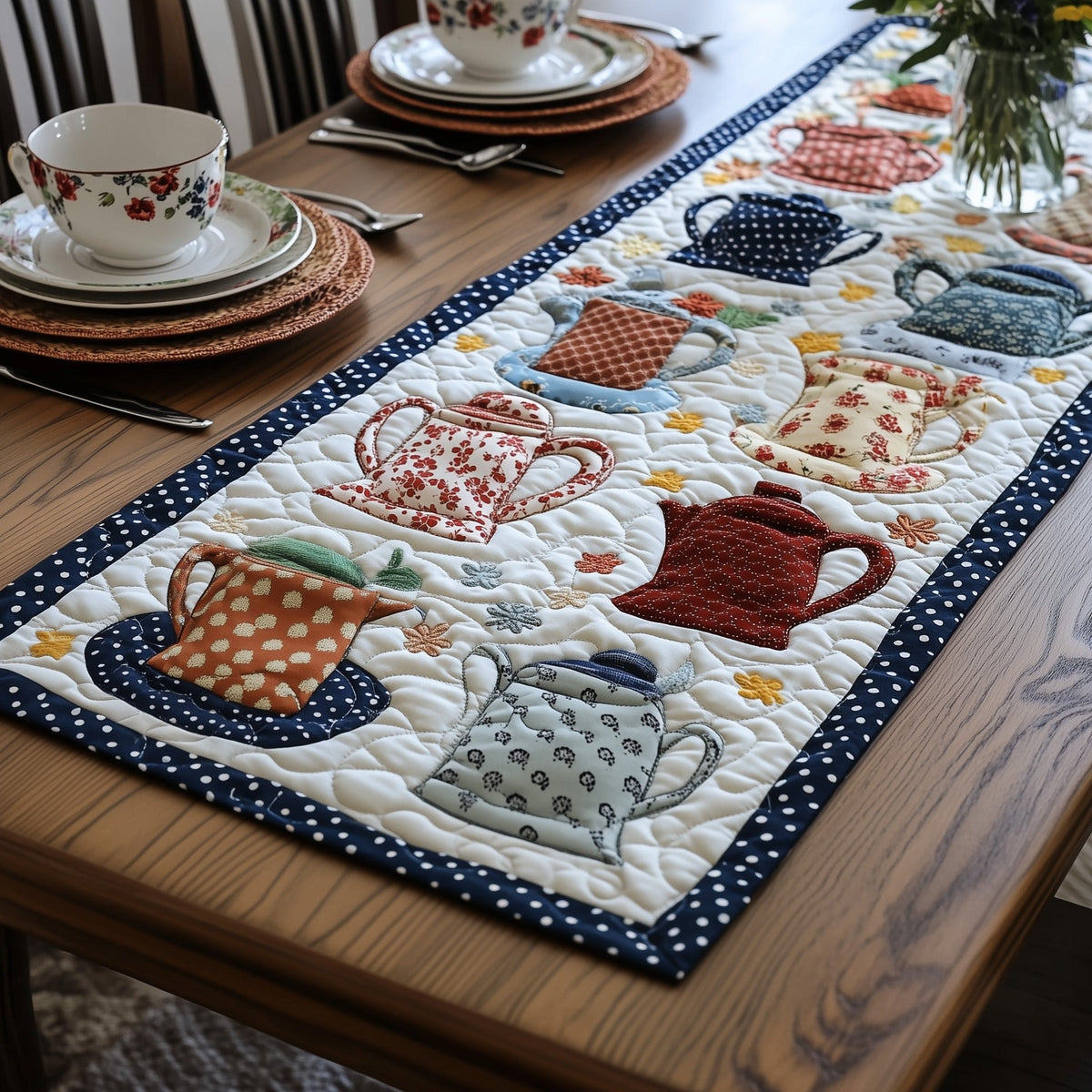 Patterned Teapots on Blue Dotted Border Table Runner