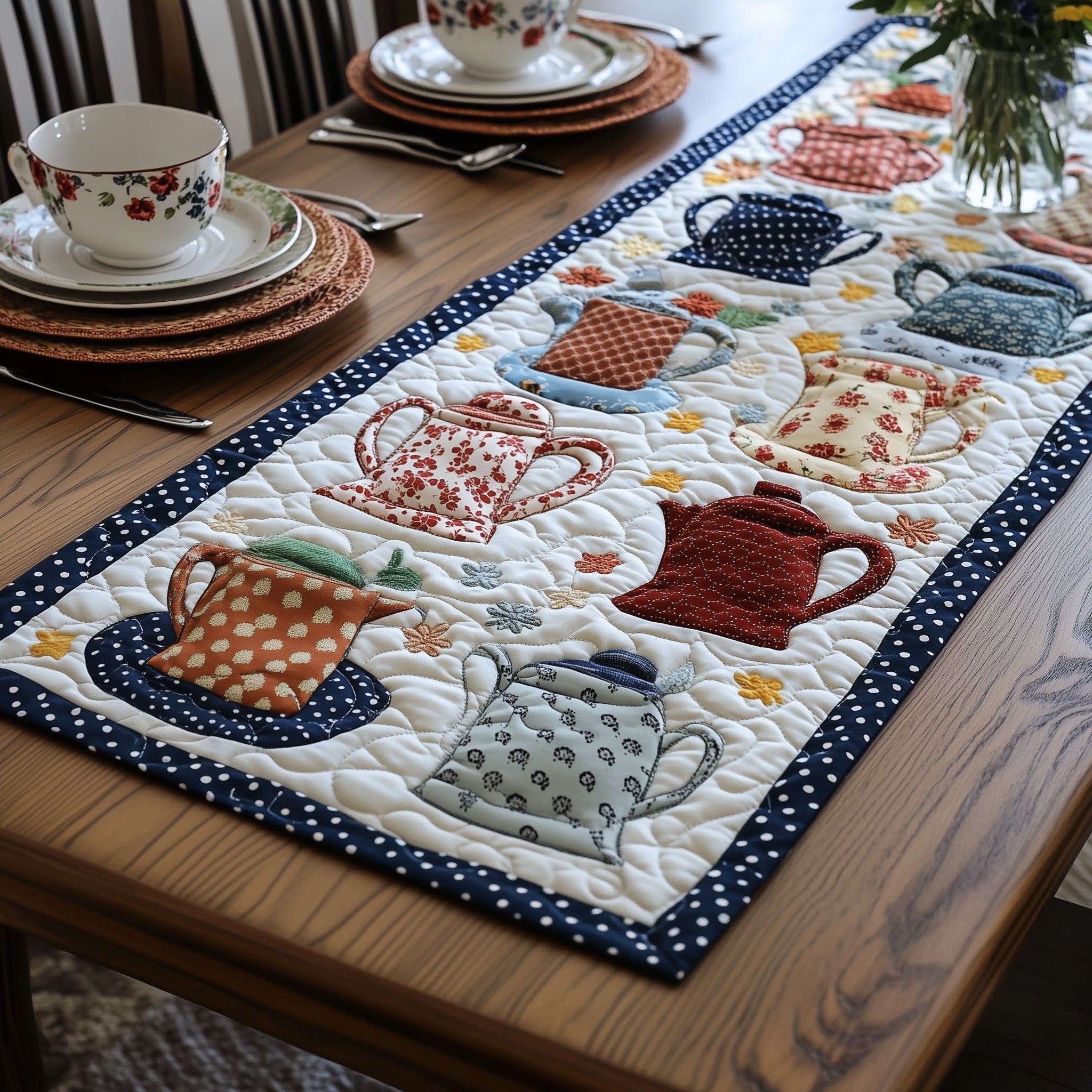 Patterned Teapots on Blue Dotted Border Table Runner