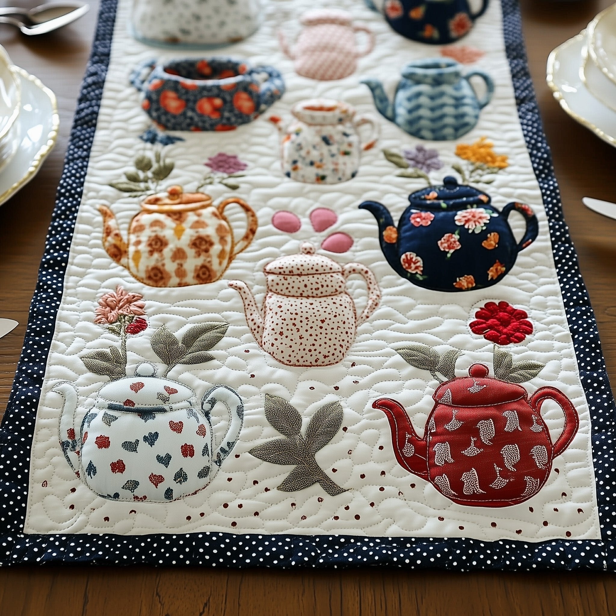 Teapots and Leaf Sprigs on Ivory Table Runner