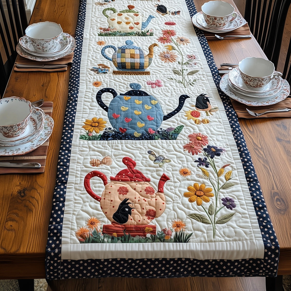 Two Teapots with Garden Flowers Table Runner