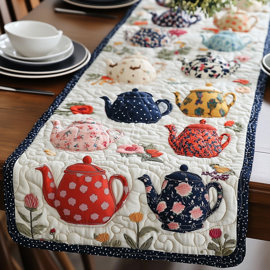 Red and Navy Teapots on Cream Table Runner