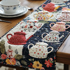 Teapots over Dark Floral Panel Table Runner