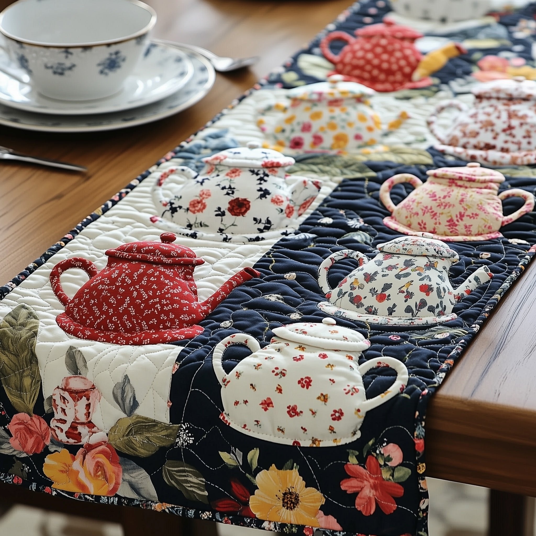 Teapots over Dark Floral Panel Table Runner