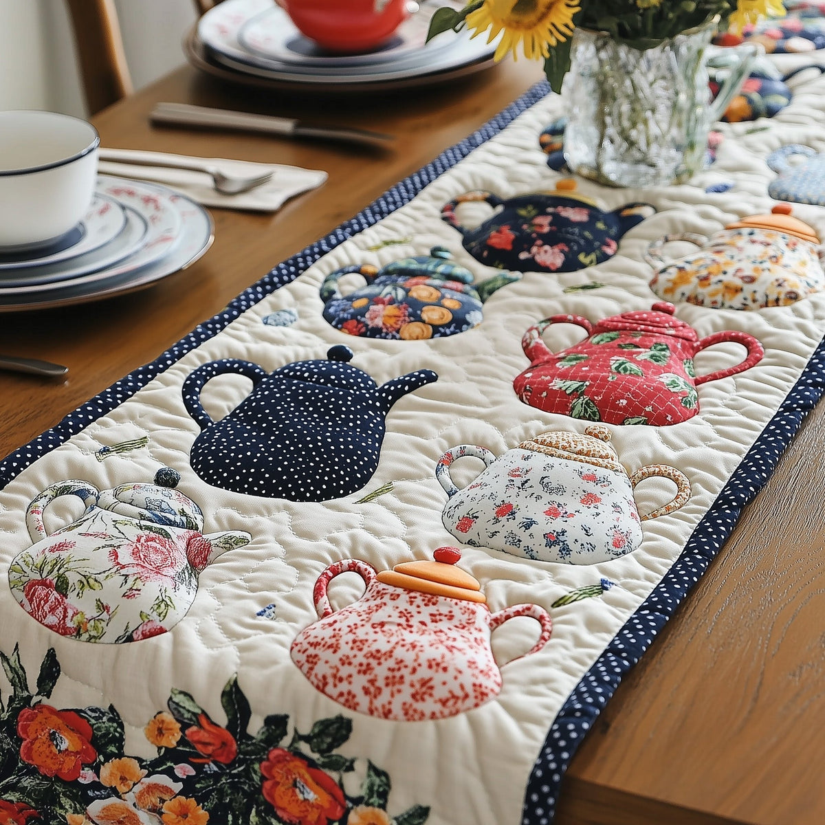 Floral Teapots on Cream Quilting Table Runner
