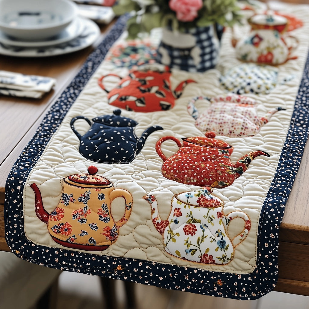 Yellow and Red Teapots in Rows Table Runner