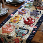 Pastel Teapots on Navy Dots Table Runner