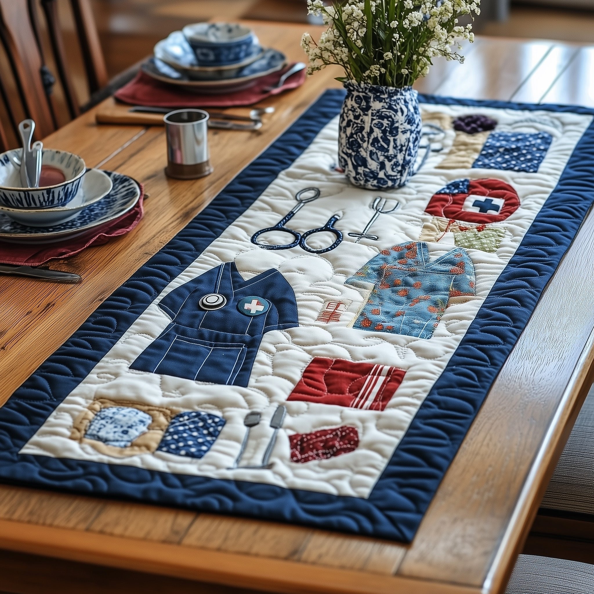 Medical Tools on Blue Border Table Runner