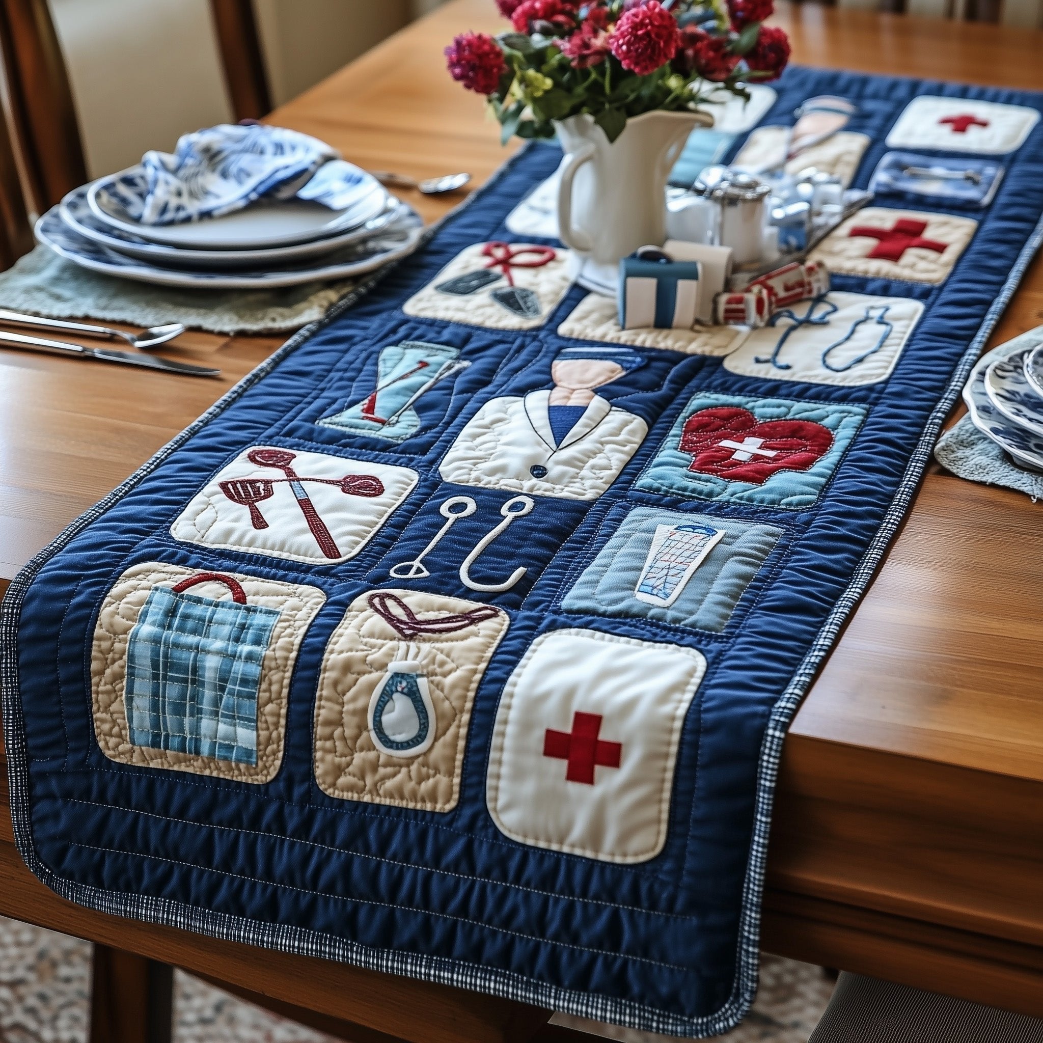 Nurse Supplies in Blue Squares Table Runner