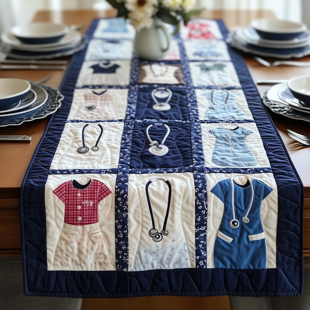 Scrub Tops and Stethoscopes in Blocks Table Runner