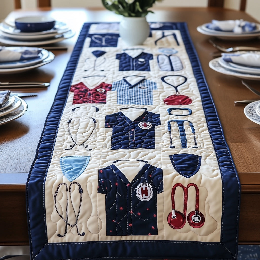 Nurse Uniforms and Stethoscope Rows Table Runner