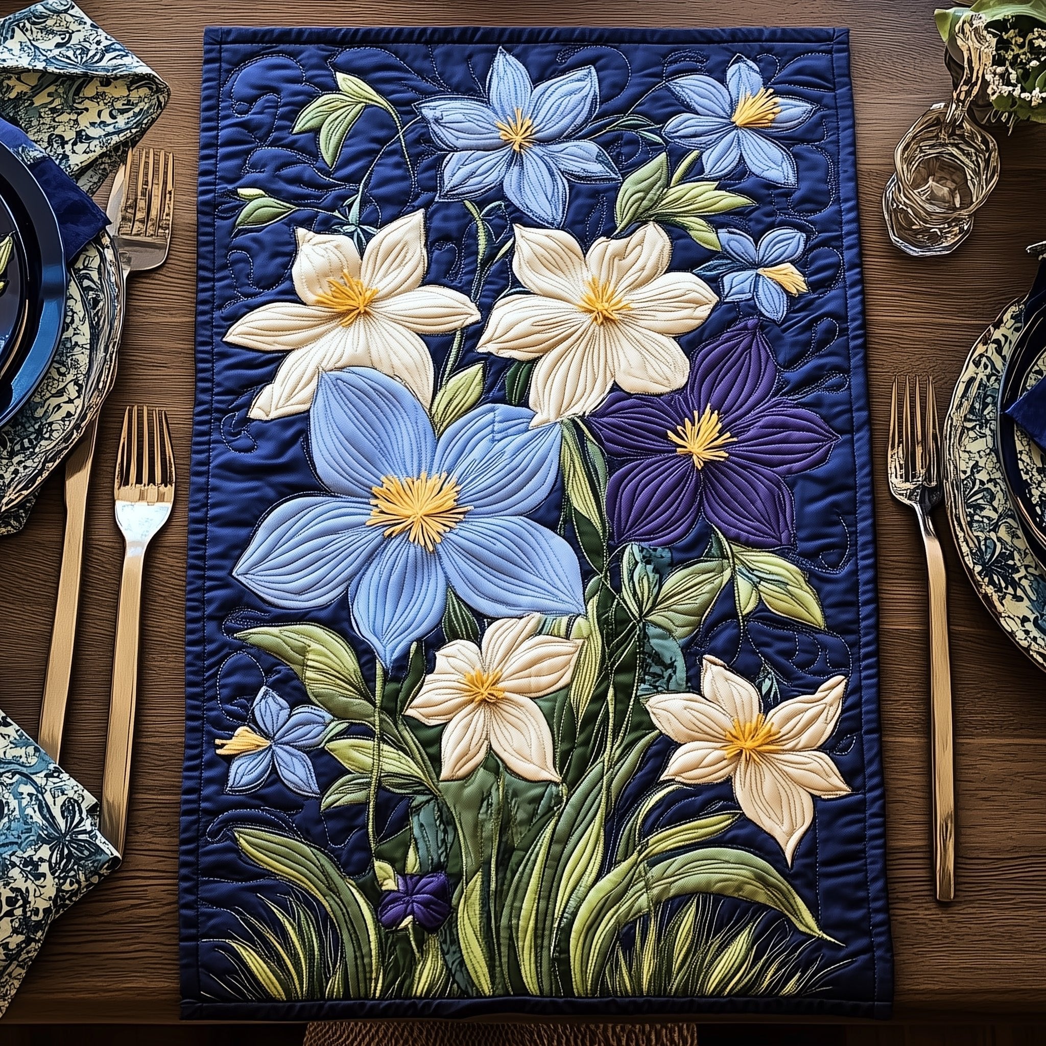 Cream and Purple Lilies on Navy Table Runner