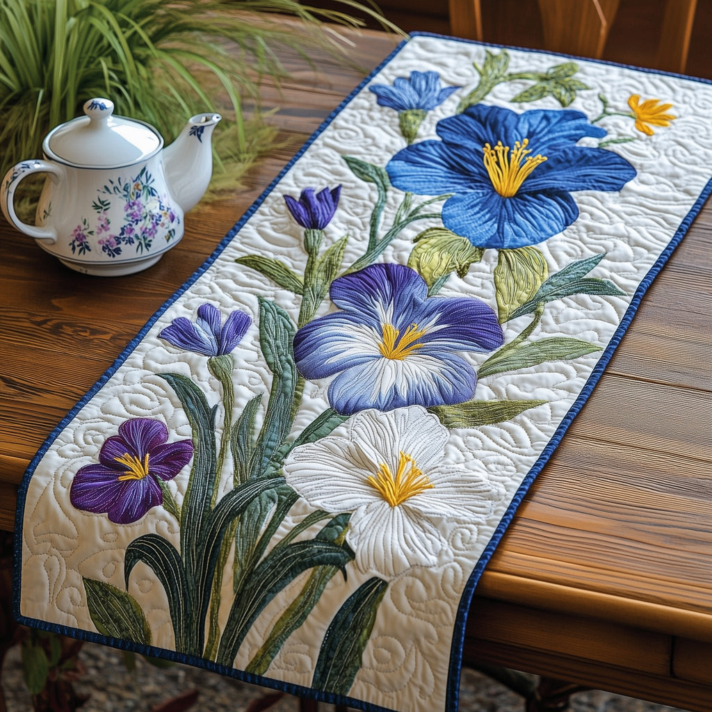 Purple and White Iris on Cream Table Runner