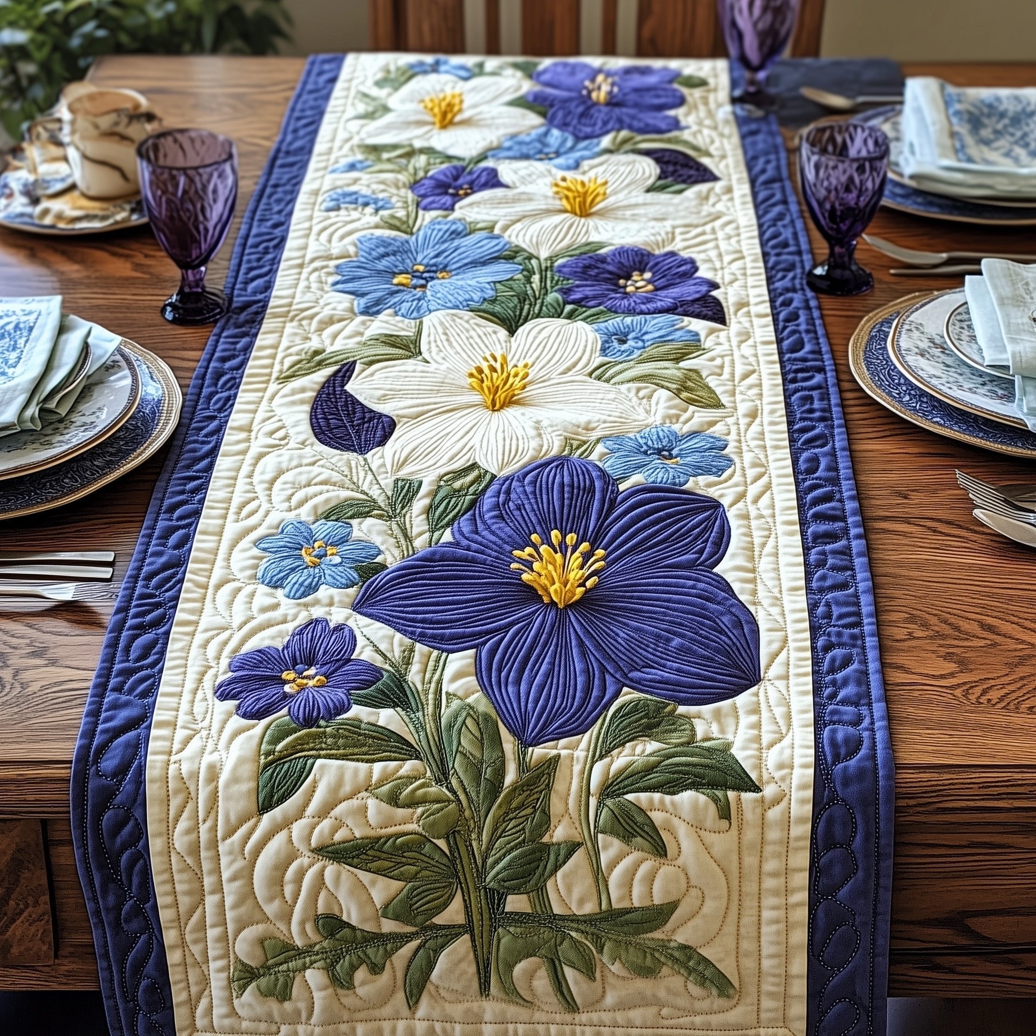 Blue Blossoms with Cream Border Table Runner