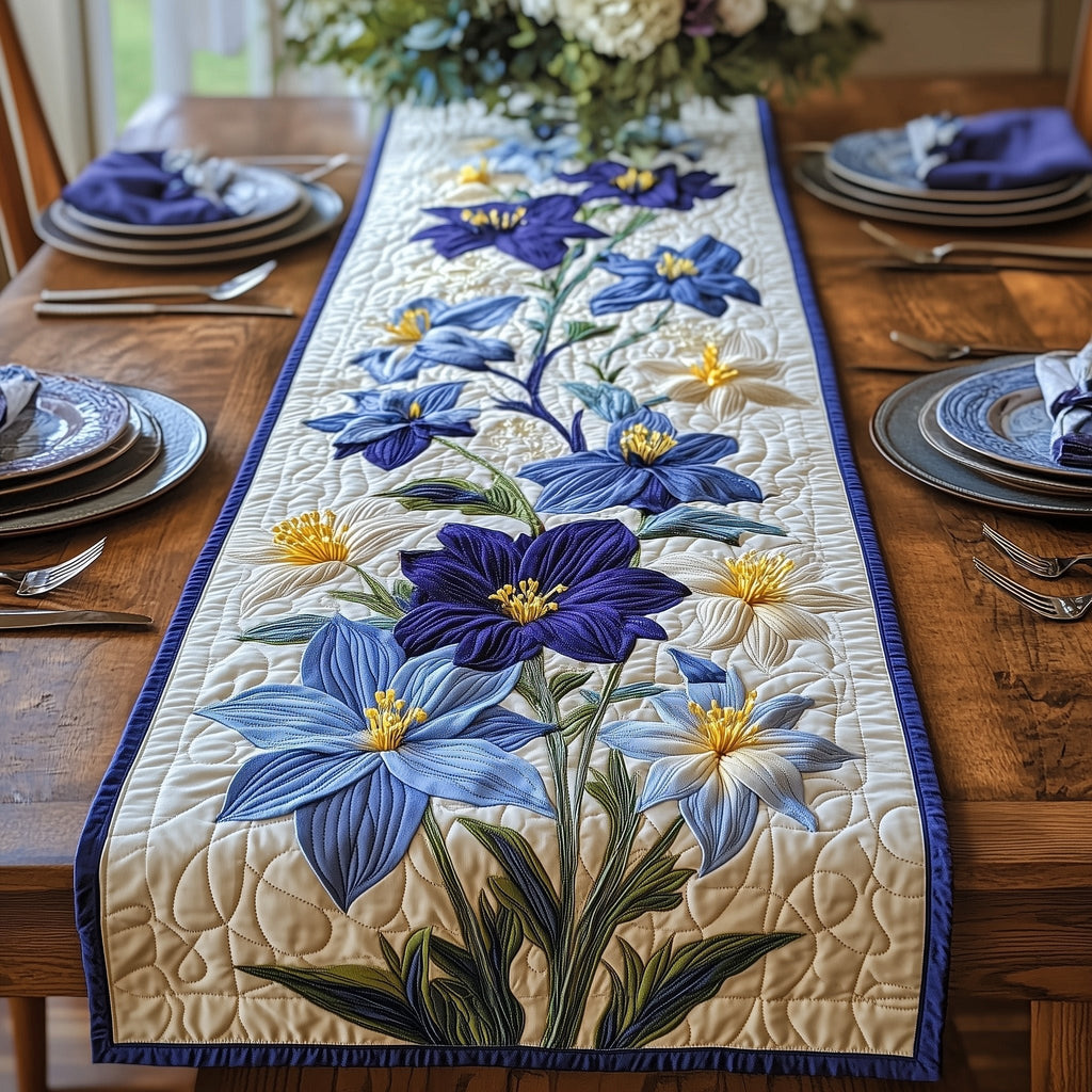 Pale Blue Blooms on Ivory Table Runner