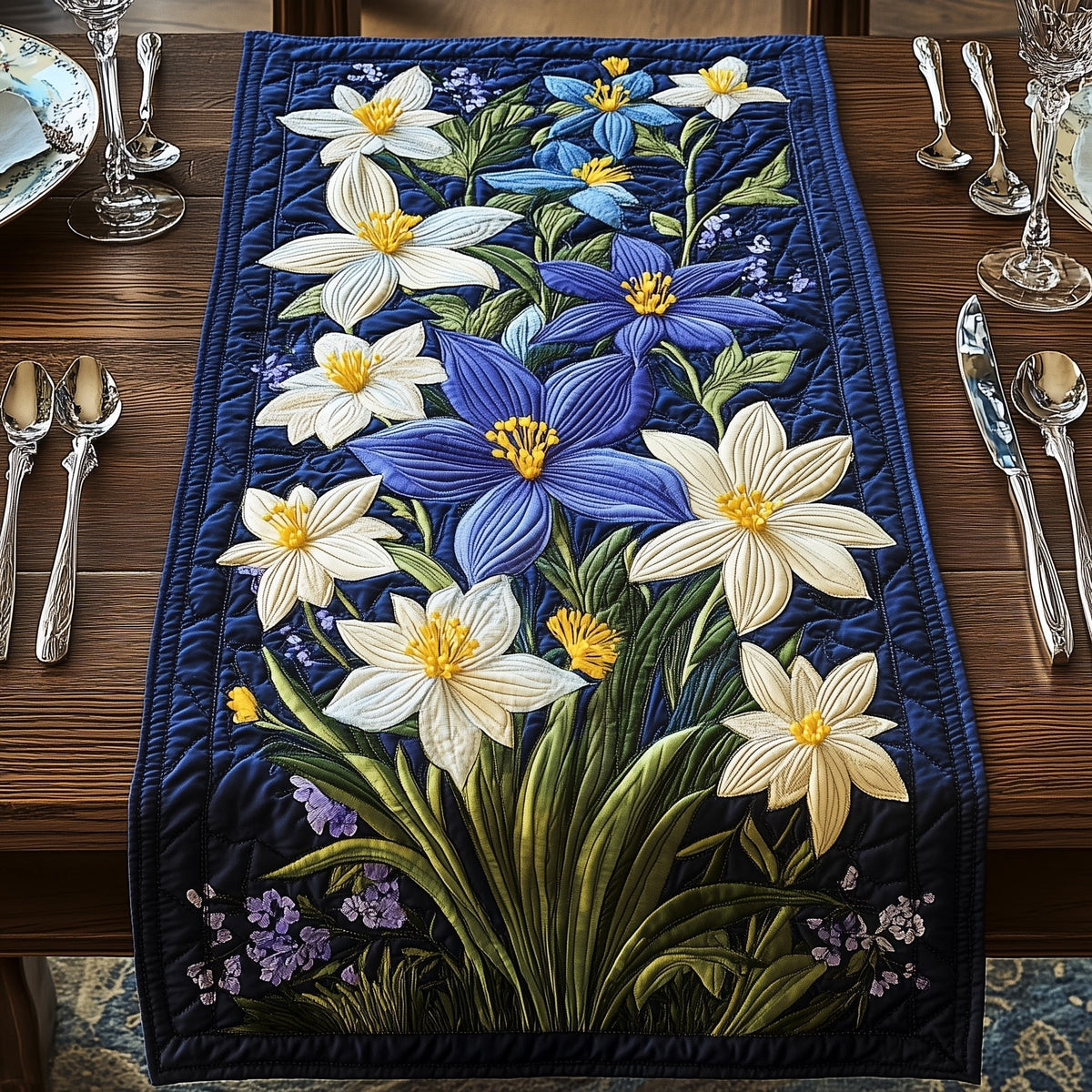 Cream Lilies with Blue Blossoms Table Runner