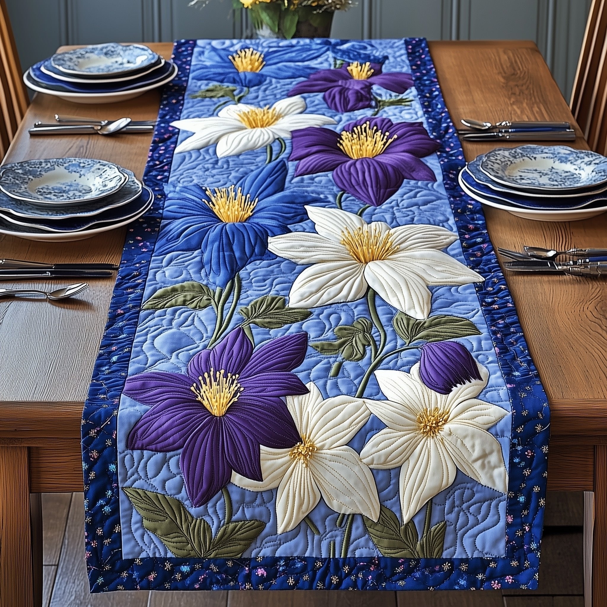 Purple and White Lilies on Blue Table Runner