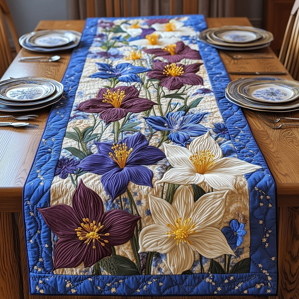 Burgundy and Cream Blooms with Blue Table Runner