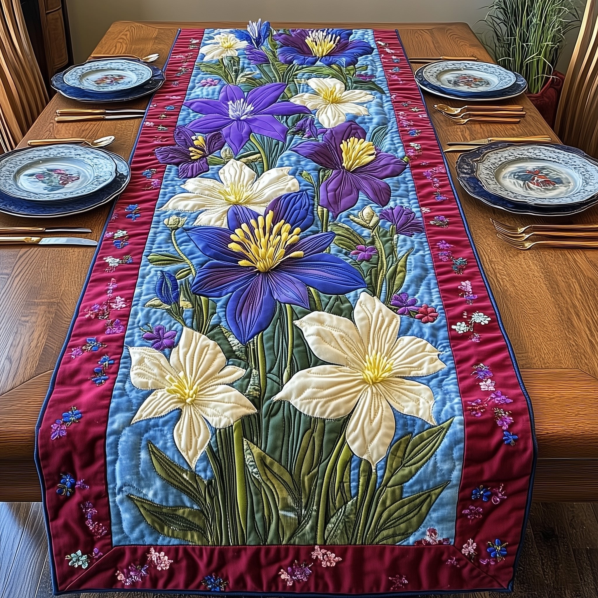 Blue Flowers with Magenta Border Table Runner