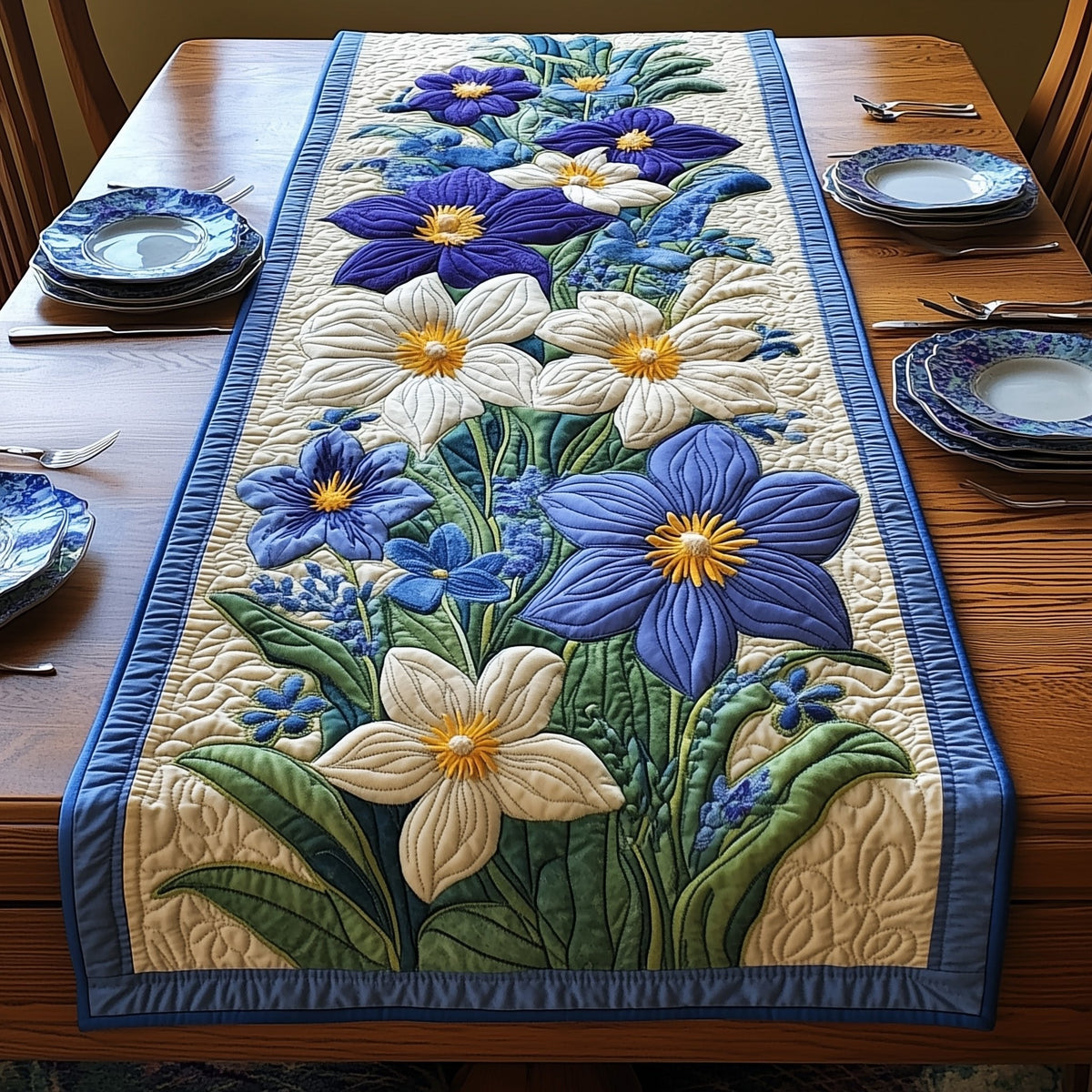 White Lilies and Blue Blossoms Table Runner