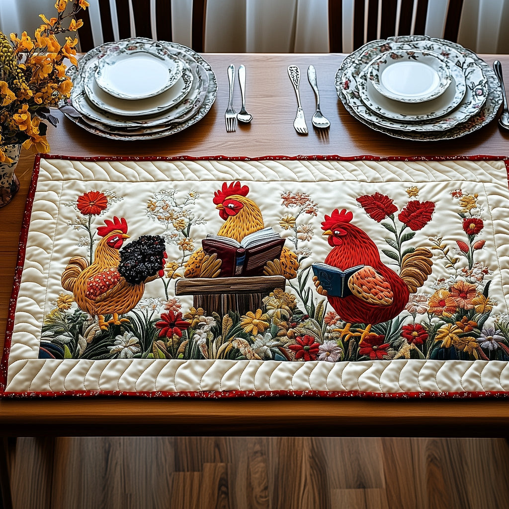 Chickens with Book and Red Poppies Table Runner