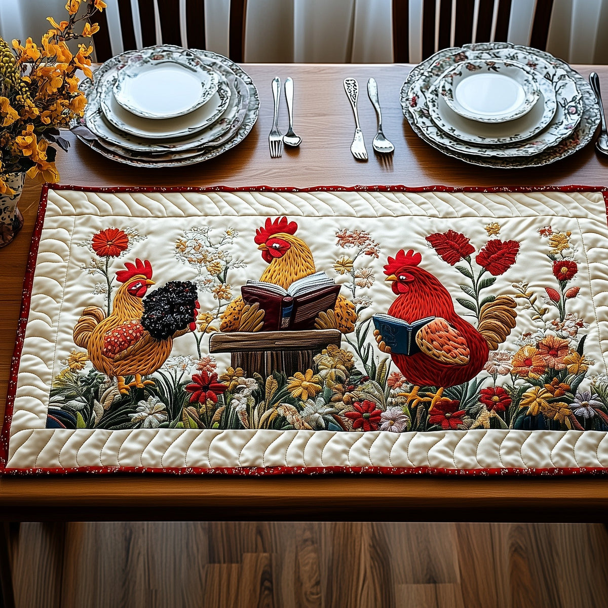 Chickens with Book and Red Poppies Table Runner
