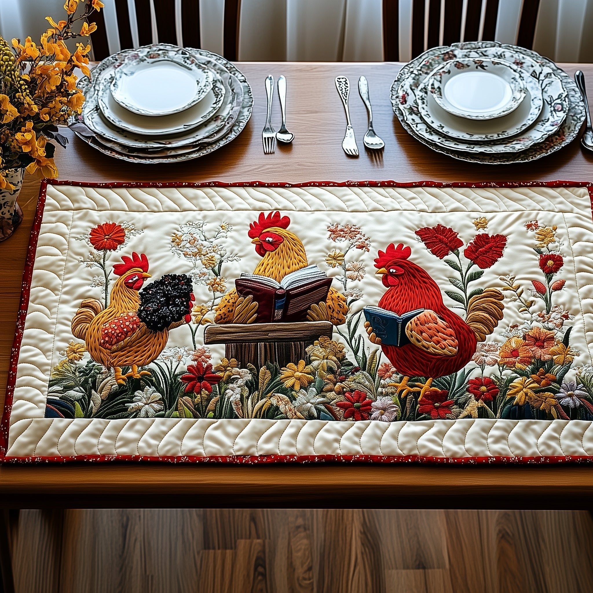Chickens with Book and Red Poppies Table Runner