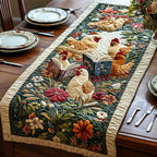 White Hens Reading Among Flowers Table Runner