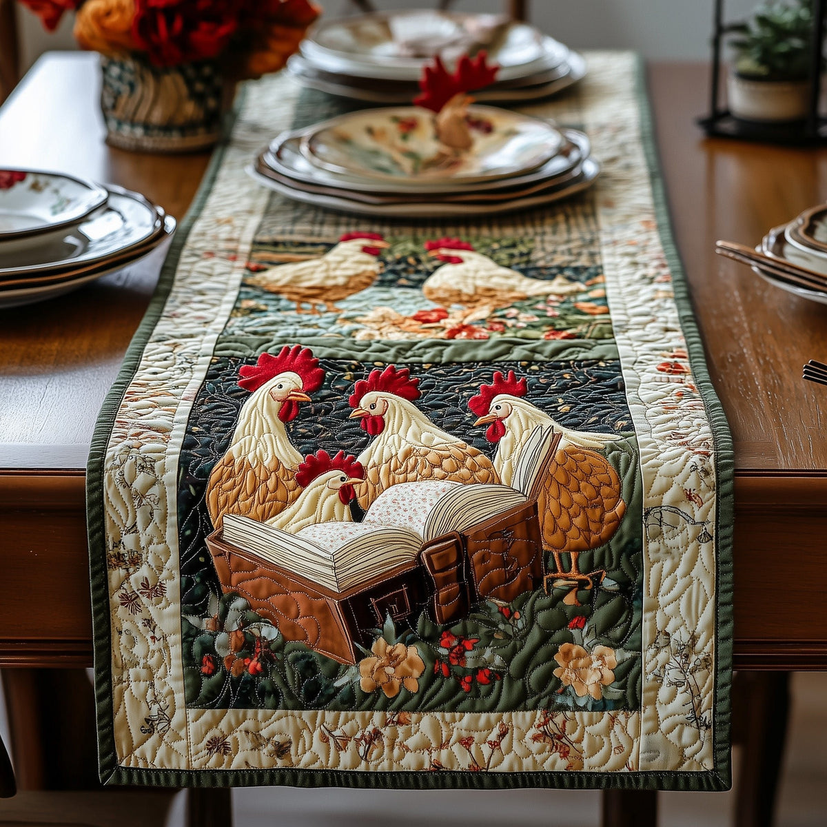 Two Roosters Above a Book Table Runner