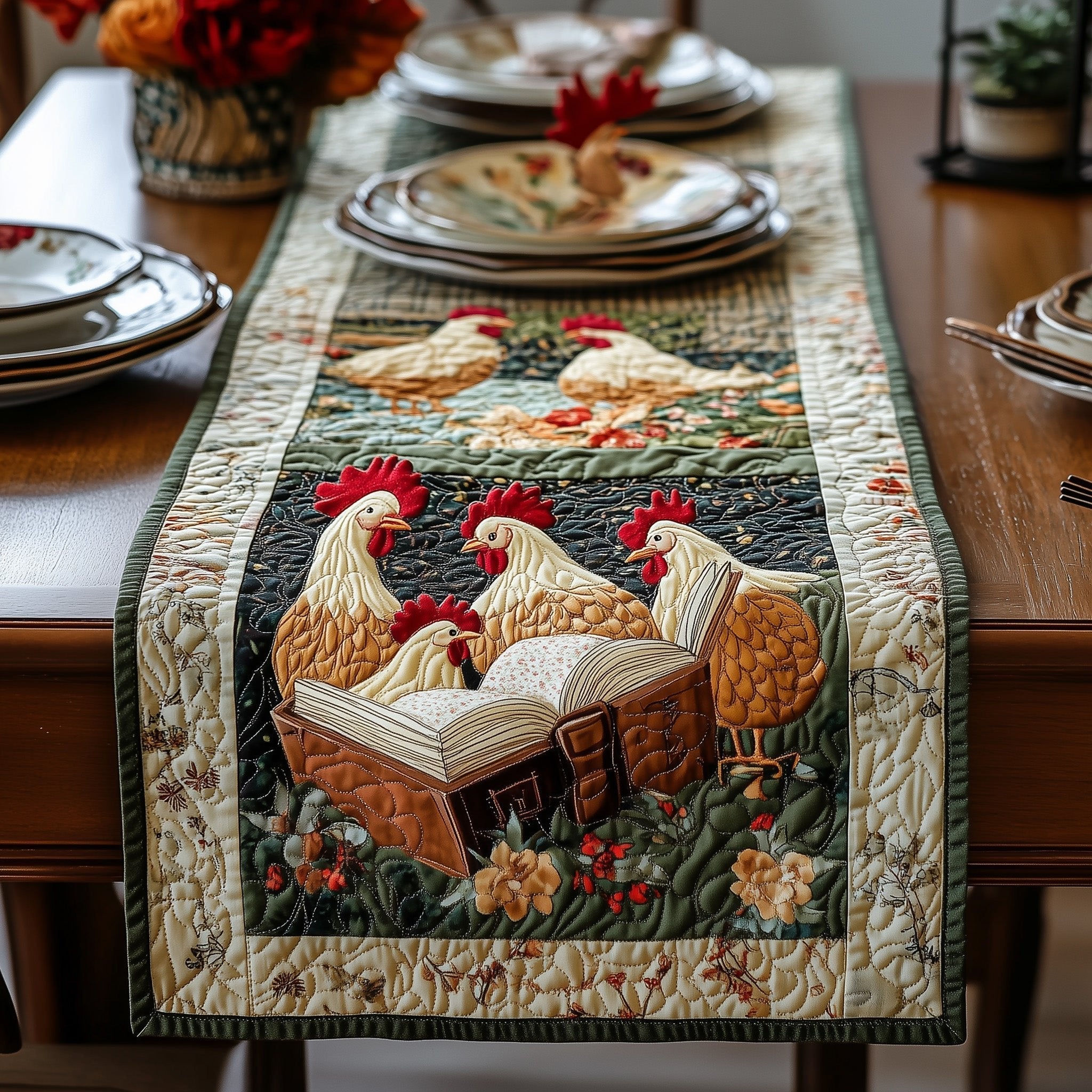 Two Roosters Above a Book Table Runner