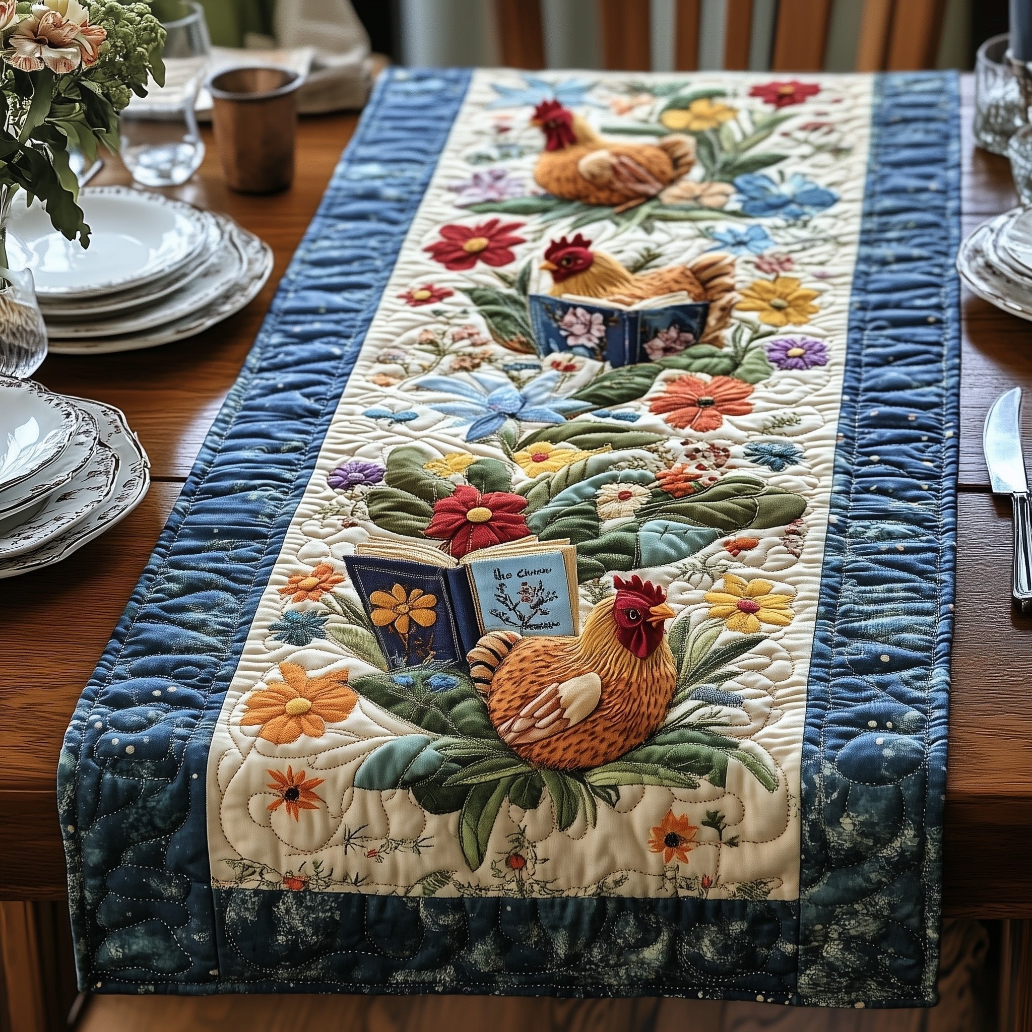 Hen with Book and Blue Border Table Runner