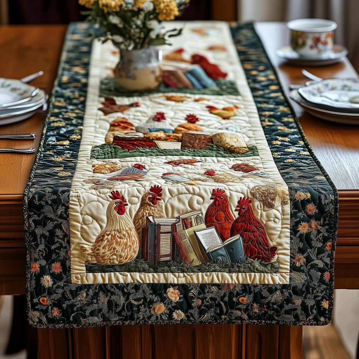 Roosters and Books on Dark Floral Table Runner