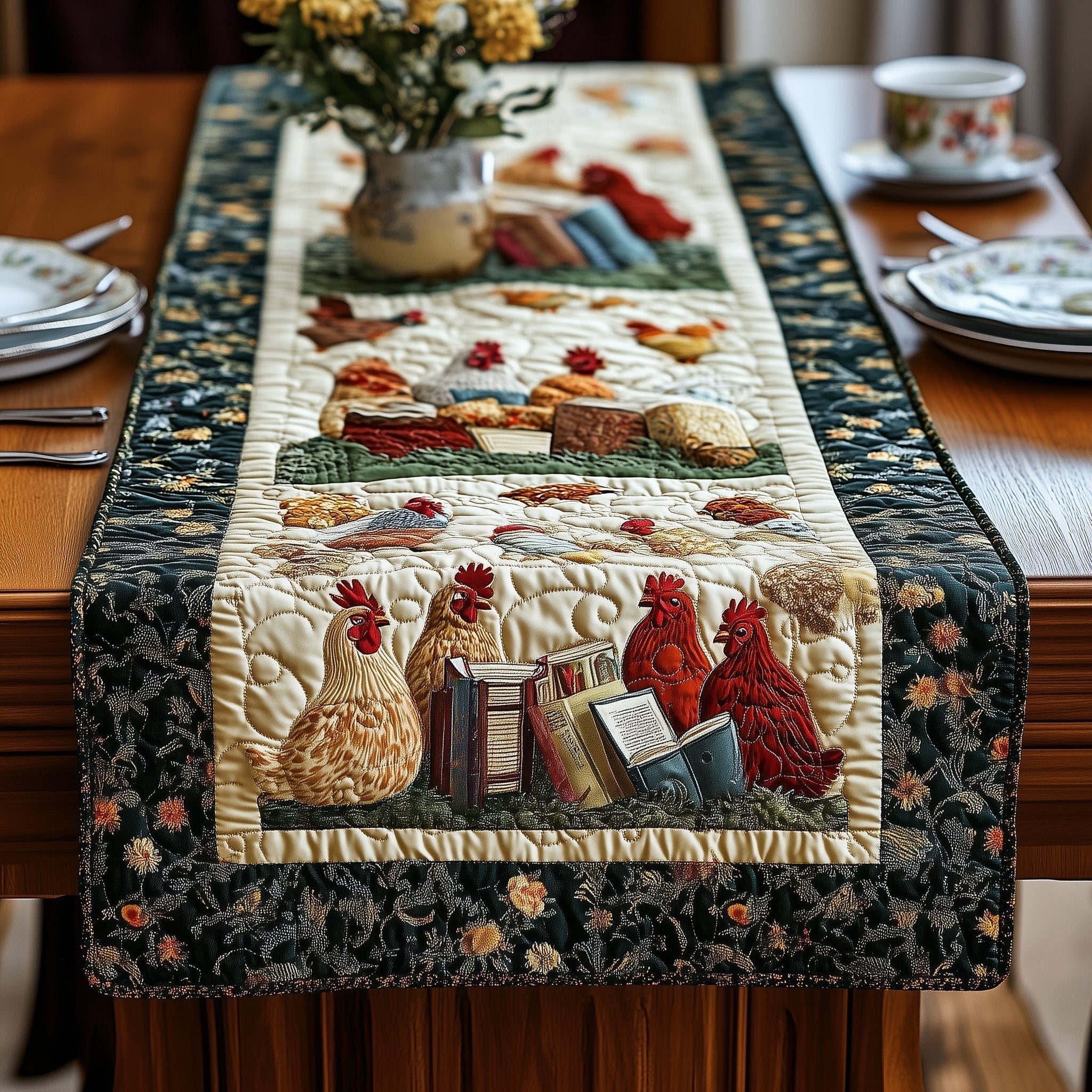 Roosters and Books on Dark Floral Table Runner