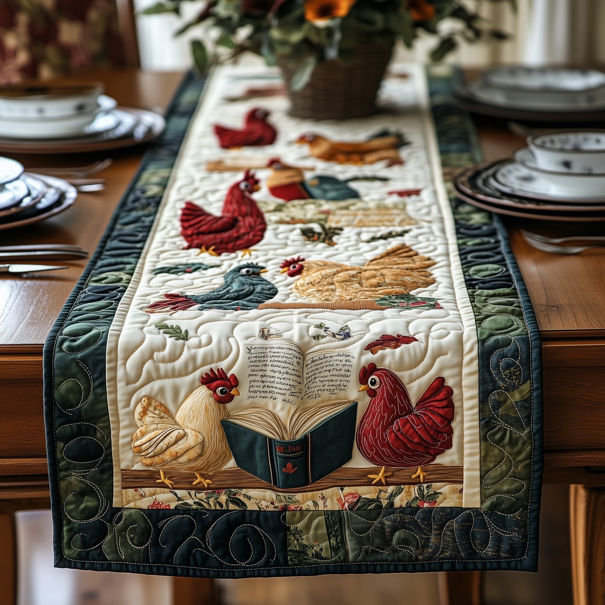 Chickens with Book on Teal Border Table Runner