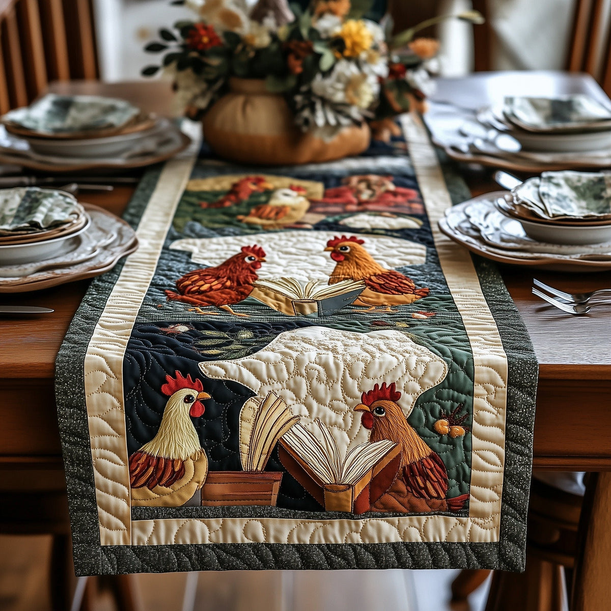 Hens Reading with Cream Border Table Runner