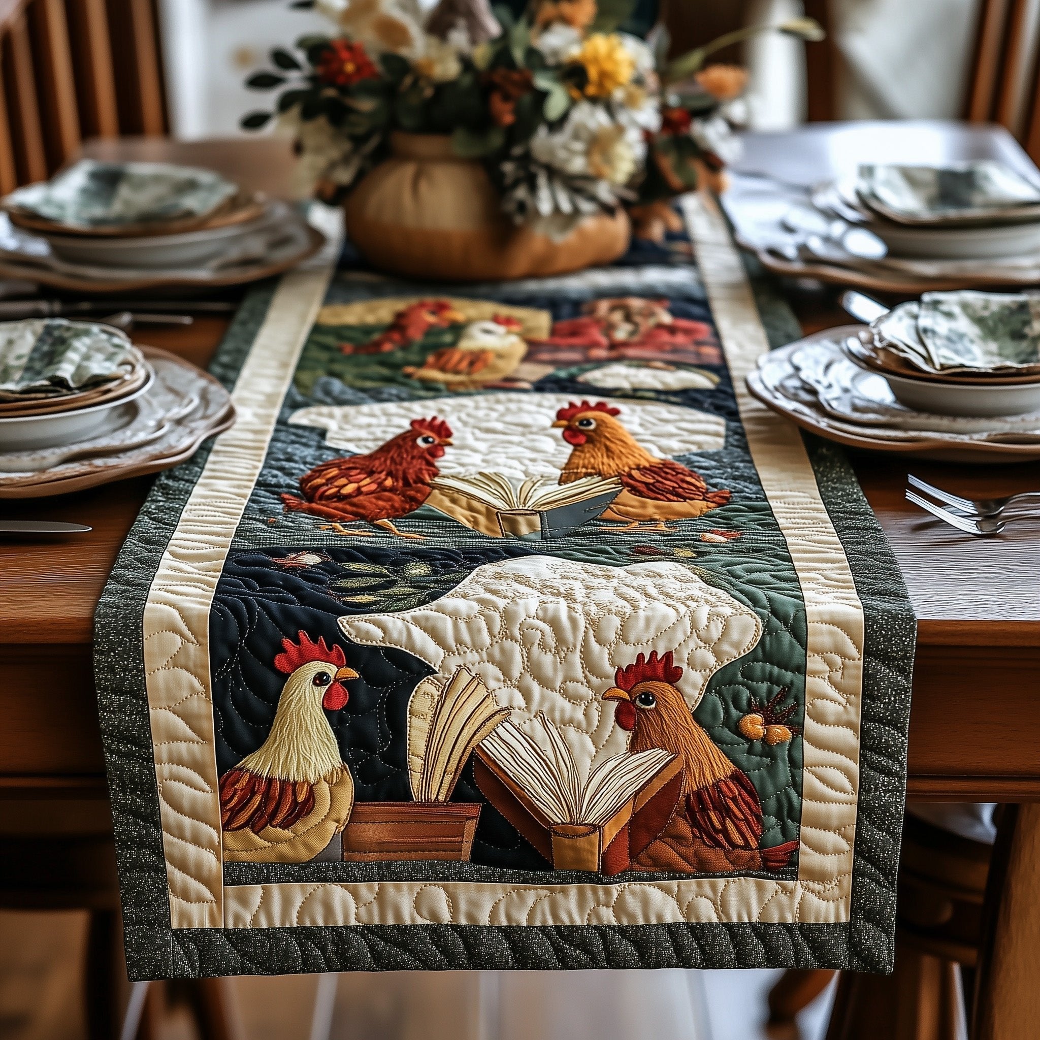 Hens Reading with Cream Border Table Runner