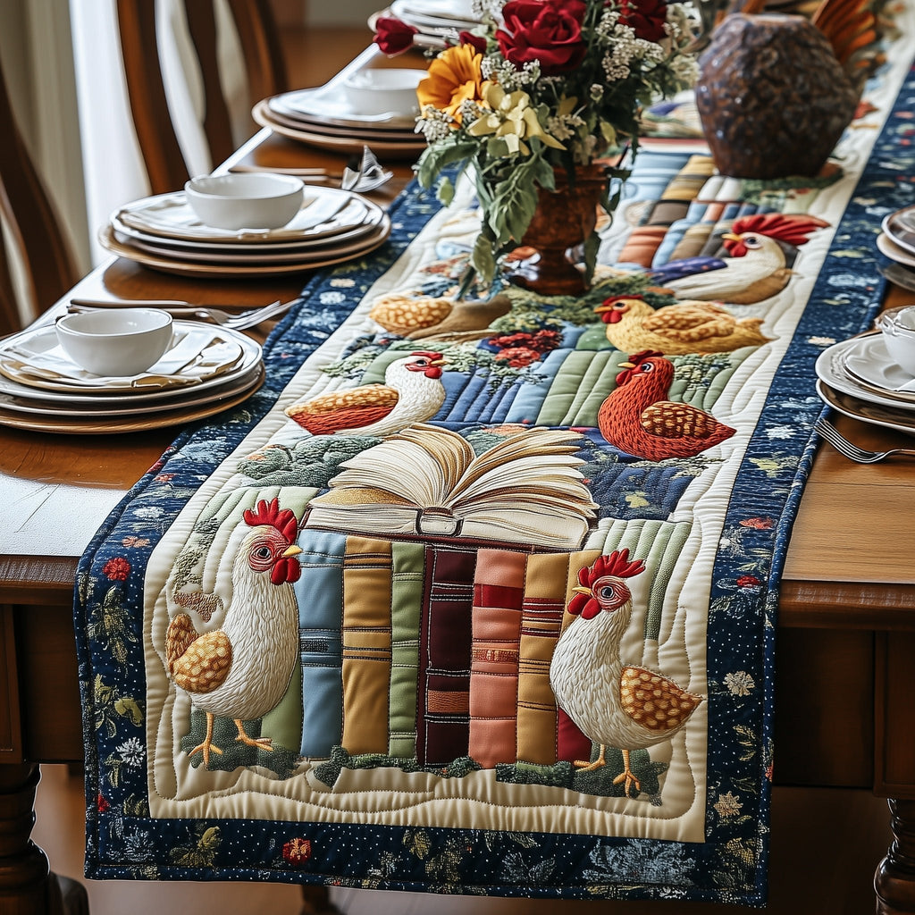 White Hens Among Library Books Table Runner
