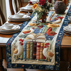 White Hens Among Library Books Table Runner