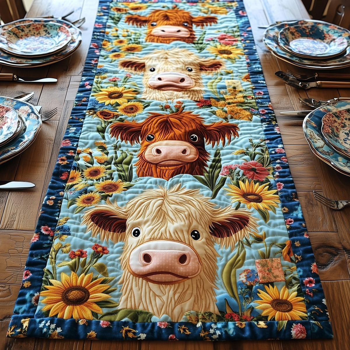 Cream Highland Cow with Sunflowers Table Runner