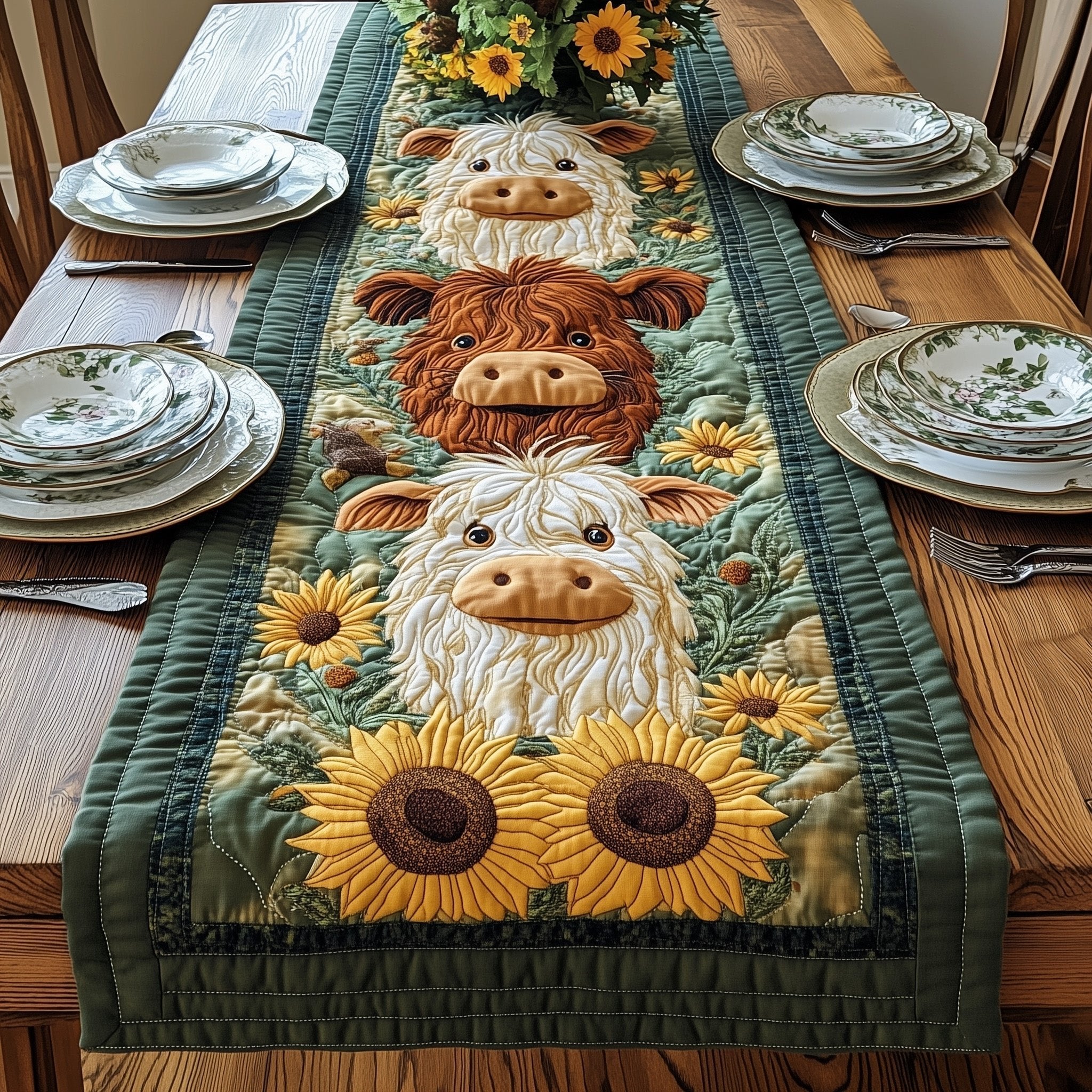 Two Highland Cows with Sunflowers Table Runner