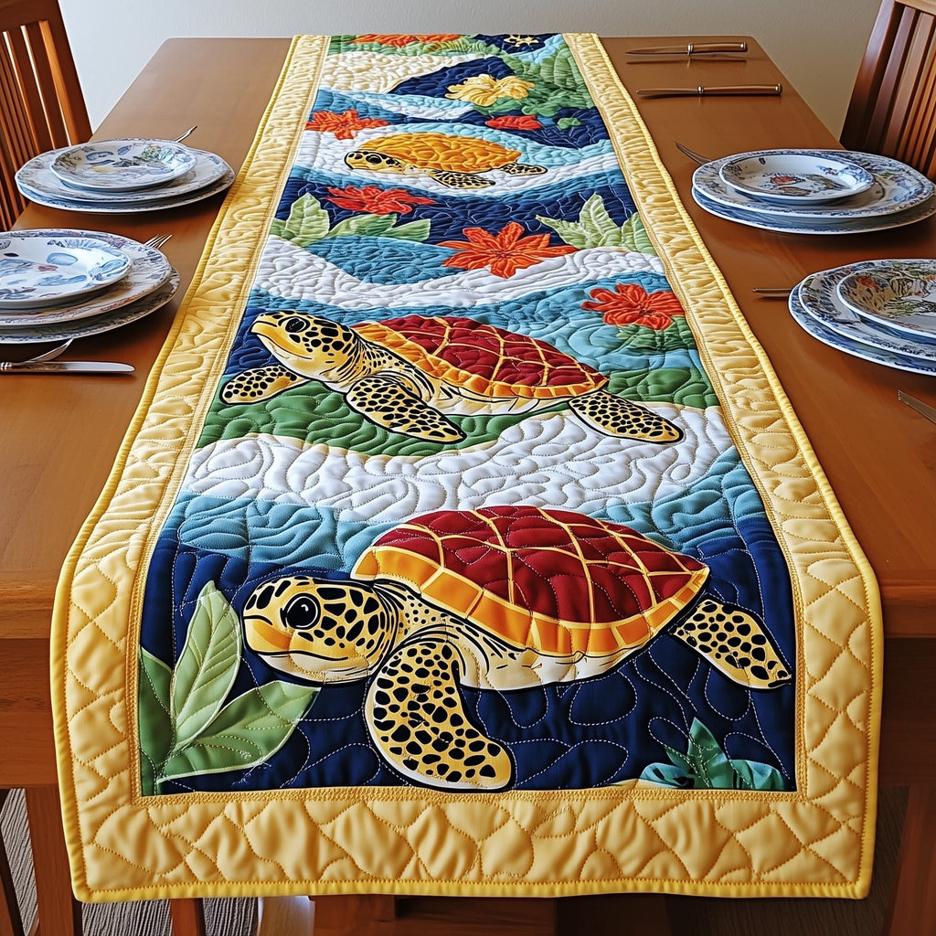 Turtles in Blue Sea with Gold Border Table Runner