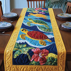 Red Turtle with Hibiscus on Blue Table Runner